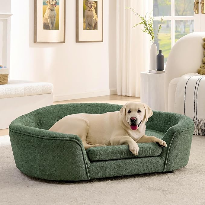 Dog Couch Bed with Oval Semi-Enclosed, Durable Linen Material Pet Sofa with Soft Foam Cushion, Dog Sofa Bed with Legs for Medium Dogs, Green