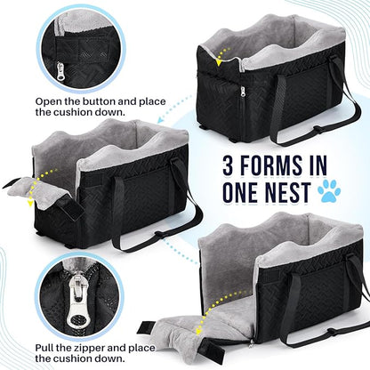 SlowTon Console Dog Car Seat - Portable Center Dog Car Seat for Small Dogs up to 9 lbs, Washable Pet Carseat with Soft Cushion Safe Protection Hooks & Storage Pocket, Black