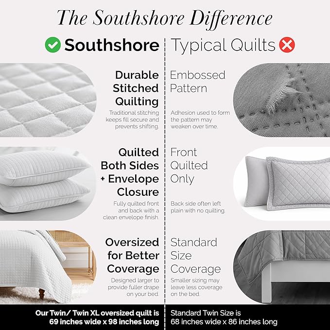 Southshore Fine Living, Inc. Twin XL Comforter Quilt Bedding Set, Dorm Room Bedding Essentials, Stain Resistant, Machine Washable Bedspread, XL/Twin Grey Quilt Bed Spread with Pillow Sham, Light Grey