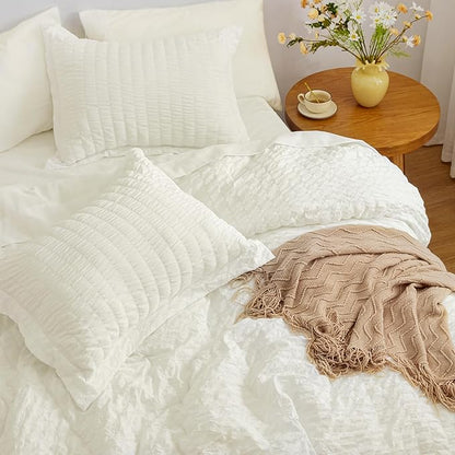 Love's cabin Seersucker Ivory Twin XL Comforter Set, 5-Piece All Season Lightweight Bed in a Bag Bedding Set with Comforter, Flat Sheet, Fitted Sheet, Pillowcase and Sham | Soft, Breathable, Lightweight