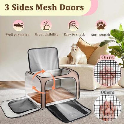Cat Carrier Dog Carrier - Soft-Sided Cat Carrier with Plush Pad & Cooling Mat, Easy-Load 4-Side Zipper & 3-Side Mesh Ventilation, Pet Carrier Airline Approved for Cats/Dogs Up to 16 lbs, Brown