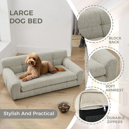 Dog Couch Bed with Backrest and Armrest, Durable Pet Sofa with Upholstered Foam Cushion, Elevated Dog Couch Bed with Legs for Medium Dogs, Dark Beige