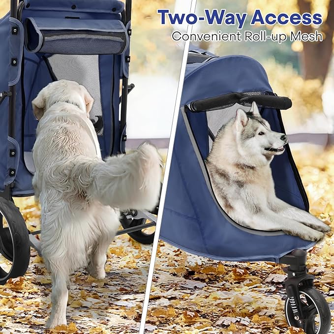 Pet Stroller for Large Dogs or Multiple Dogs Cats with Adjustable Handle, 3-Wheels Dual Entry Visible Portable Dog Carting Easy Folding Pet Wagon Double Dog Stroller up to 55 lbs, Navy Blue