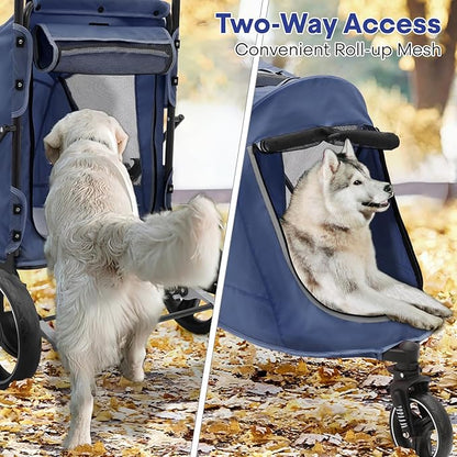 Pet Stroller for Large Dogs or Multiple Dogs Cats with Adjustable Handle, 3-Wheels Dual Entry Visible Portable Dog Carting Easy Folding Pet Wagon Double Dog Stroller up to 55 lbs, Navy Blue
