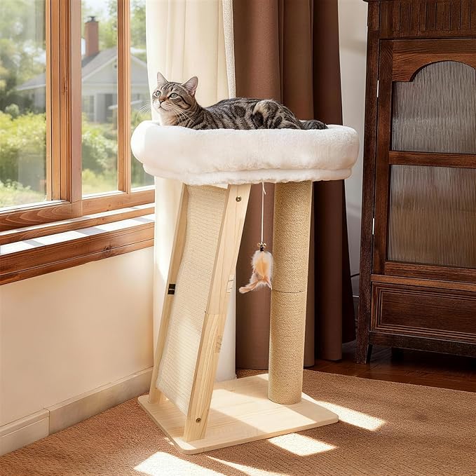 27.5" Cat Scratching Post, 3-in-1 Multifunctional Natural Pine Wood Cat Furniture, Tall Scratch Posts with Perch&Scratcher, Boxed with Hanging Bell Toy, Medium