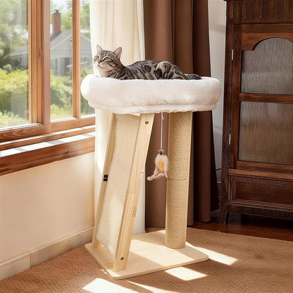 27.5" Cat Scratching Post, 3-in-1 Multifunctional Natural Pine Wood Cat Furniture, Tall Scratch Posts with Perch&Scratcher, Boxed with Hanging Bell Toy, Medium