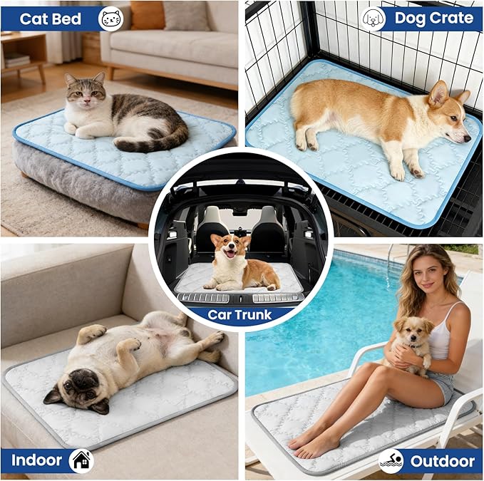 SUPRIY 2-Pack (Blue + Gray) Pet Cooling Mat Set - Ice Silk Cooling Pad & Fashion Bandana for Dogs & Cats (Small16.5 x21.6)