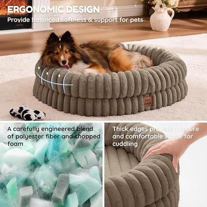 ChiXnuggle Dog Bed Medium Sized Dog - Luxury Striped Faux Fur Waterproof Dog Couch with Removable Washable Cover, Orthopedic Dog Bed with Bolster Sides for Sleeping, Taupe
