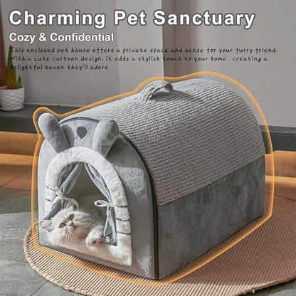 Jiupety Cat Houses for Indoor Cats, Cave Bed with Door Curtain Design, Cute Portable Beds with Reversible Washable Cushion, S Size Up to 6 lb Cat and 4 lb Dog, Non-Slip Bottom, Grey