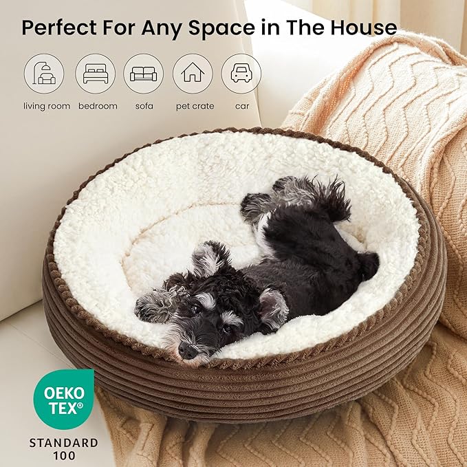 Love's cabin Round Donut Cat and Dog Cushion Bed, 25in Pet Bed for Small or Medium Dogs, Anti-Slip & Water-Resistant Bottom, Soft Durable Fabric Pet Beds, Washable Calming Cat Bed Brown Stripe