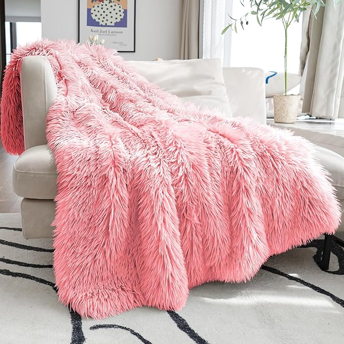 JONIYEAR Oversized Decorative Fluffy Faux Fur Throw Blanket Twin Size 60" x 71", Soft Luxury Lightweight Furry Blankets, Accent Cozy Shaggy Plush Fuzzy Blankets for Bed,Thick Warm Winter Blanket, Pink