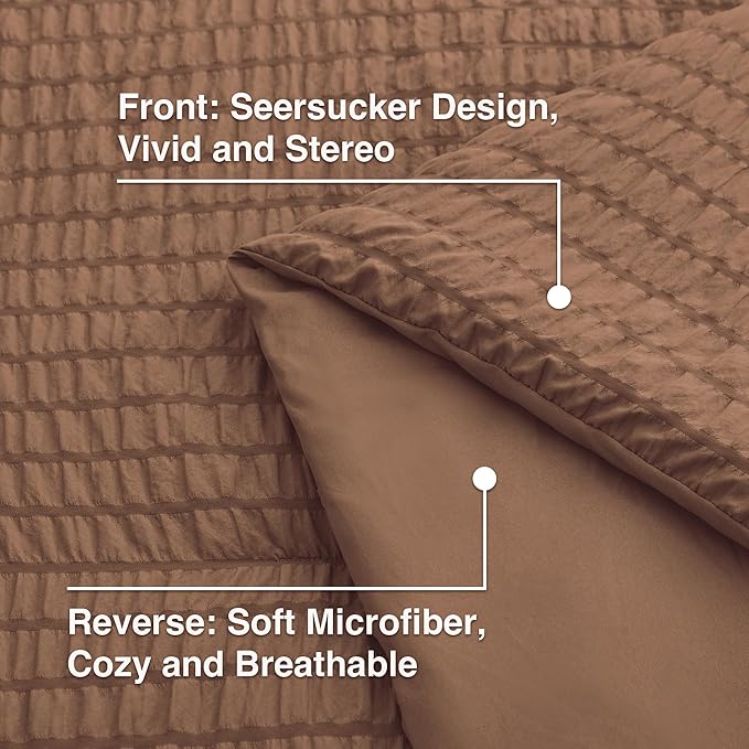 Love's cabin Seersucker Mocha Mousse California King Comforter Set, 7-Piece All Season Lightweight Bed in a Bag Bedding Set with Comforter, Flat Sheet, Fitted Sheet, Pillowcases and Shams | Soft, Breathable, Lightweight