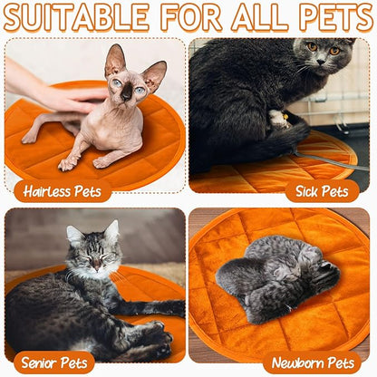 Drydiet 2 Pcs Self Warming Cat Mat Round Self Heating Pad Bed Reversible Machine Washable Heated Bed Anti Slip Warming Pad Pet Mat for Cat Crate Indoor Outdoor(Orange,16 Inch)