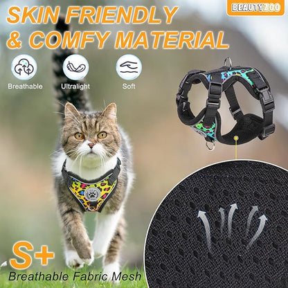 BEAUTYZOO Cat Harness and Leash for Walking, Escape Proof Soft Adjustable Vest Harnesses for Small Cats Kittens, Easy Control Breathable Reflective Strips Jacket, Leopard, S