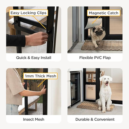 Hakuna Pets V2 Patio Pet Door Screen Insert Panel for Sliding Doors, Fits Door Track Min Ht 62.99" to Max Ht 84.25",UV Resistant Mesh, Locking Magnetic Dog Door, Easy Install and Removal,Large,Black