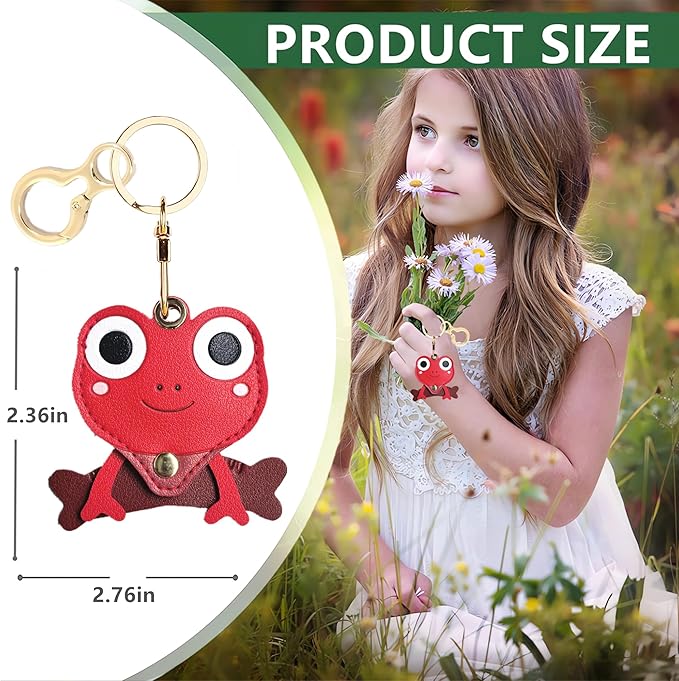 Leather Keychain Holder Case Compatible with AirTag,Cute Protective Cover with Keyring,Anti-Scratch Finder GPS Tracker Case for Wallet Keys,bag,pets,Backpack(Frog Red)
