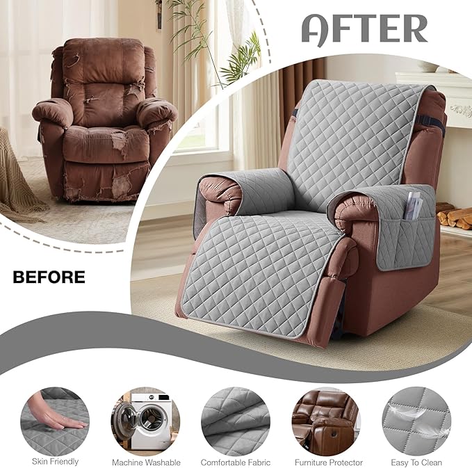 KinCam 100% Waterproof Recliner Chair Cover, Reclining Couch Covers for Pets, Dogs, Recliner Couch Slipcover Furniture Protector with Elastic Straps for Kids(25", Light Gray)