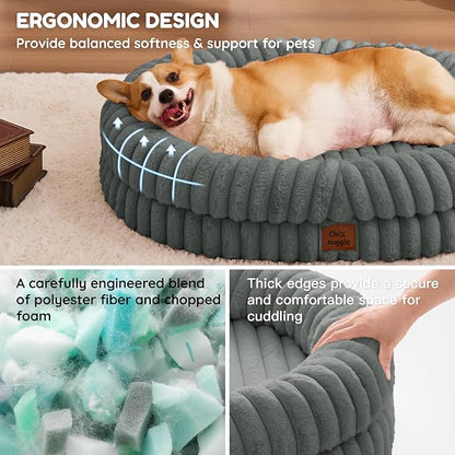 ChiXnuggle Dog Bed Large Sized Dog - Luxury Striped Faux Fur Waterproof Pet Couch with Removable Washable Cover, Orthopedic Pet Bed with Bolster Sides for Sleeping, Grey