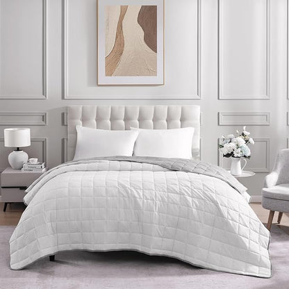 Casa Platino Pre-Washed Quilted Reversible Down Alternative Blanket - Lightweight, Soft, Silver Ticking Stripe King Size