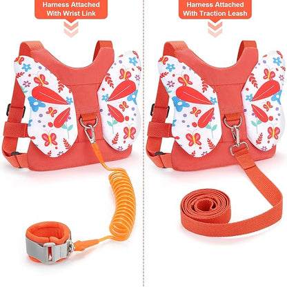 Toddler Harness Leash, Accmor 3 in 1 Cute Butterfly Kids Leash +Anti Lost Wrist Link for Outdoor Travel, Adorable Child Walking Harness Wristband Assistant Strap Belt Protector for Baby Girls (Orange)