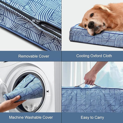 Outdoor Large Washable Dog Bed, Orthopedic Egg Crate Foam Dog Crate Mat for Large Dogs with Removable Oxford Cooling Cover, White Blue