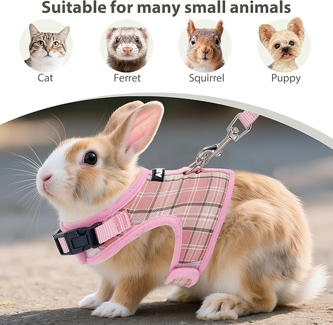 AIITLE Breathable Rabbit Harness and Leash Set - Plaid Pattern Padded Vest with Magic Tape Design, Dual D-Rings, Adjustable for Small Animal Pets, Indoor Outdoor Training Camping, Pink M