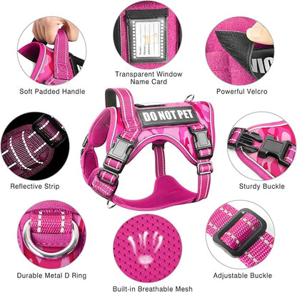 Tactical Service Dog Vest and Leash Set,Heavy Duty No Pull Dog Harness and 10 Patches with Dog Seat Belt for Large Dogs,Reflective Pet Harness for Training Walking Hiking Camo Pink L
