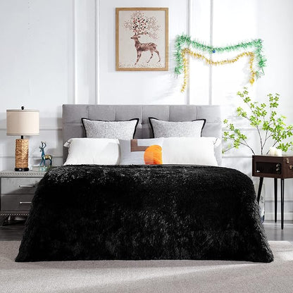 JONIYEAR Extra Large Decorative Fluffy Faux Fur Blanket Queen Size 80" x 90", Soft Luxury Lightweight Furry Blankets, Solid Cozy Shaggy Plush Thick Warm Fuzzy Blankets for Winter Bed Couch, Black