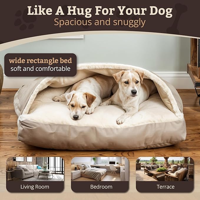 Snoozer Rectangle Cozy Cave Dog Bed - Indoor Dog Bed with Cover Cave, Covered Calming Burrow for Large Sized Pets with Blanket Attached, Enclosed, Washable Cover - XL, Buckskin