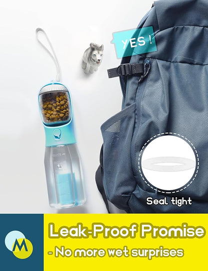 Portable Water Bottle for Small Dogs, 3 in 1 Pet Travel Bowl Dispenser with Food Treat Container & Poop Bag Holder, Summer Hiking Walking Accessories for Puppy On The Go - Blue, 10oz