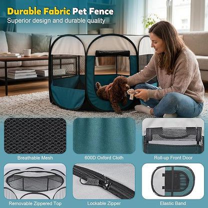Portable Cat Playpen for Indoor Enclosed: Foldable Pet Playpen for Cat Small Dog Indoor Outdoor with Zipper Top Cover - Pop Up Puppy Kitten Tent Crates Cage Kennel with Carrying Case (Blue/White)
