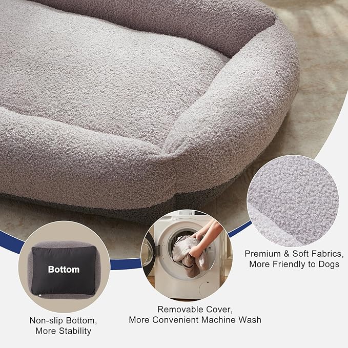 FURTIME Dog Bed Extra Large Sized Dogs, Washable Comfy Fluffy XL Dog Beds, Removable Zipper Cover Machine Wash, Soft Sleeping Bed Durable Pet Cuddler with Anti-Slip Bottom, 42"x30"x8", Grey