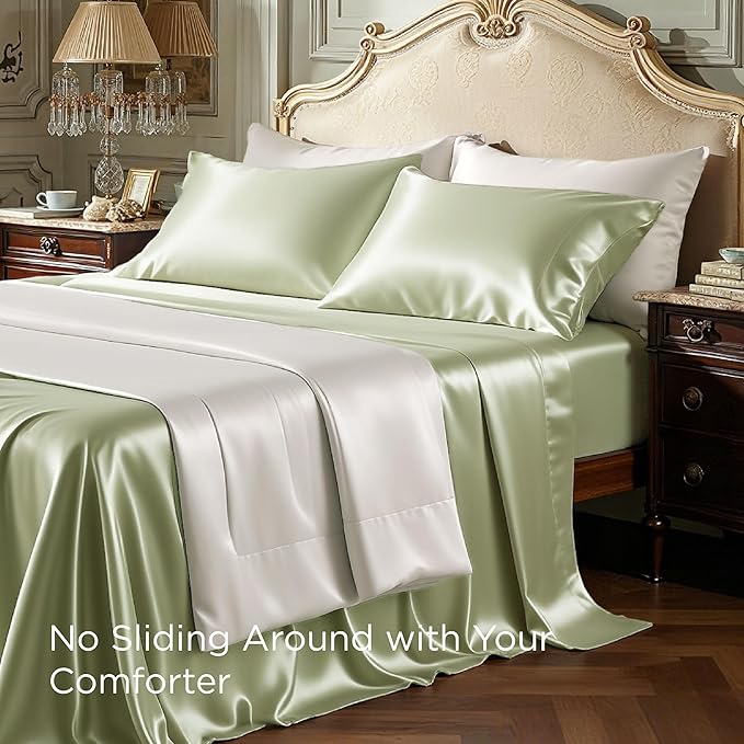 Bedsure Satin Sheets King Size - 4 Piece Silky Bedsheets with Elastic Corner Straps and 15 Inches Deep Pocket Fitted Bedsheet,1 Flat Sheet, 2 Satin Pillowcases, Good for Hair &Skin (King, Light Green)