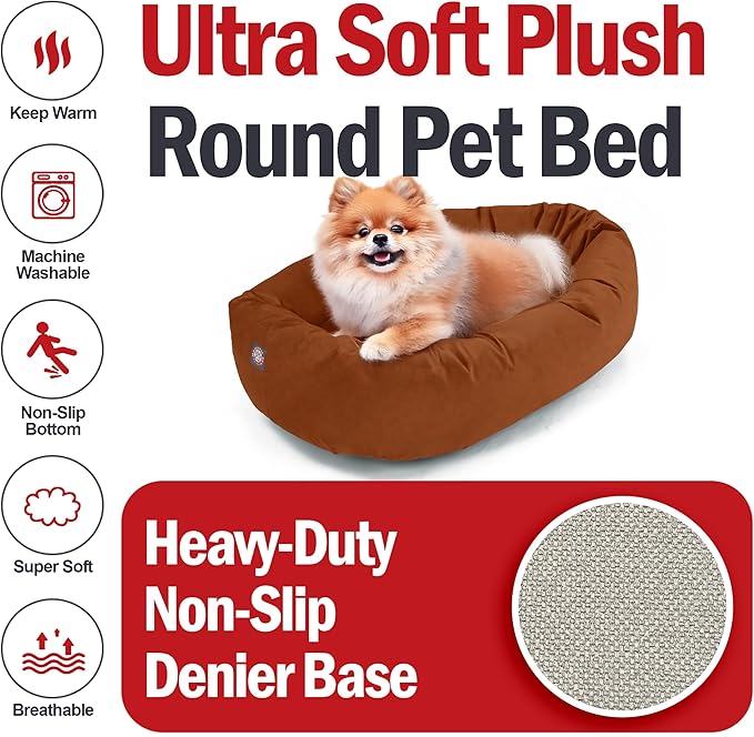 Majestic Pet Suede Shredded Memory Foam Mix Calming Dog Bed Washable - Cozy Soft Round Dog Bed with Spine for Head Support - Fluffy Donut Dog Bed, 24 Inch, Rust