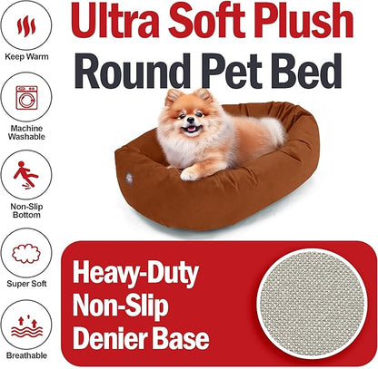 Majestic Pet 24 Inch Suede Calming Dog Bed Washable – Cozy Soft Round Dog Bed with Spine Support for Dogs to Rest Their Head - Fluffy Donut Dog Bed 24x19x7 (Inch) - Round Pet Bed Small – Rust (2025)