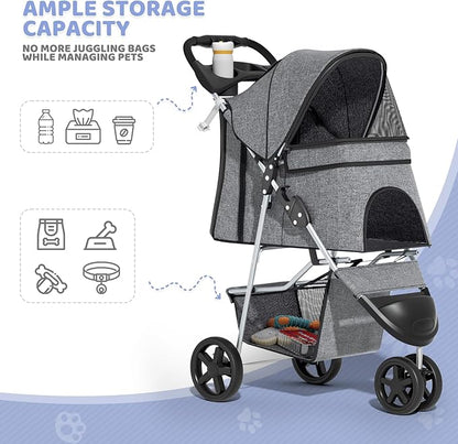 Magshion 3-Wheel Pet Stroller, Foldable Travel Jogger for Small & Medium Dogs & Cats (Up to 33lbs), Lightweight Carrier with Breathable Mesh Cover, Cup Holder & Storage Basket, Gray