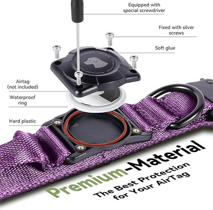 2026 Upgrade Waterproof AirTag Dog Collar, Military Tactical Dog Collar with AirTag Holder, Comfortable Control Handle and Metal Buckle, GPS Dog Collar Holder for Medium to Large Dogs (Purple, XL)