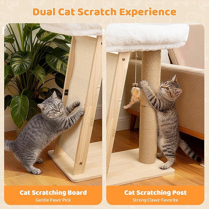 27.5" Cat Scratching Post, 3-in-1 Multifunctional Natural Pine Wood Cat Furniture, Tall Scratch Posts with Perch&Scratcher, Boxed with Hanging Bell Toy, Medium