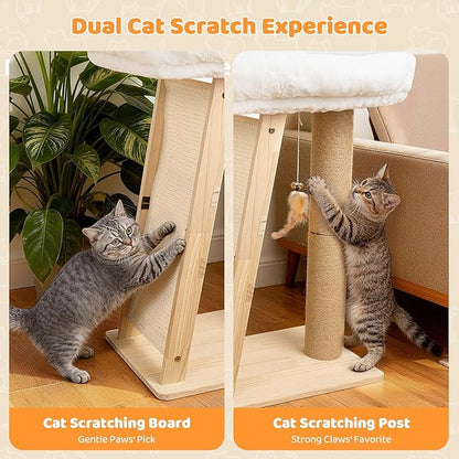 27.5" Cat Scratching Post, 3-in-1 Multifunctional Natural Pine Wood Cat Furniture, Tall Scratch Posts with Perch&Scratcher, Boxed with Hanging Bell Toy, Medium
