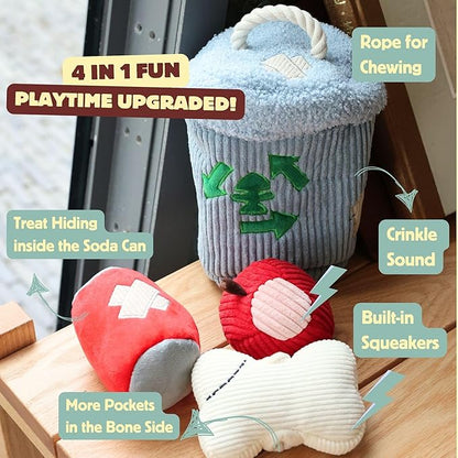 Dog Squeaky Toys, Plush Puzzle Dog Toy for Small Medium Large Dogs, Chew Fetch Brain Stimulating Toy, 3 Durable Small Toys with a Big Trash Can