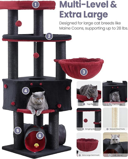 Cat Tree Tower for Large Cats Adult - 60 Inch XXL Sturdy Heavy Duty Extra Wide Scratching Posts (φ4.4in) Condo - Indoor Big Cat House Hammock Perch - XL Wood Multi Level Feline Pet Bed Trees Houses