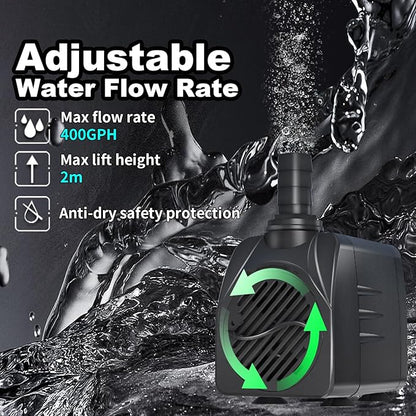 Fountain Water Pump 400GPH with Indoor Mechanical Timer Ultra Quiet 8.2ft High Lift for Fountains, Hydroponics, Ponds, Aquariums & More……