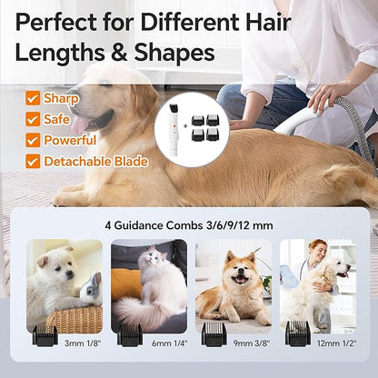 Pet Grooming Kit, Professional Dog Clippers Vacuum Suction 99% Hair, 3L Large Dust Cup Dog Grooming Vacuum for Shedding with 5 Pet Grooming Tools, Low Noise Pet Grooming Supplies (White)