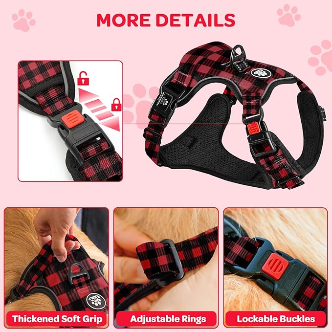 FURRYFECTION Plaid Dog Harness for Small Dogs, Reflective No Pull Adjustable Pet Vest with Front Clip, Leash, Easy Control Handle and Seat Belt, Red&Black, S