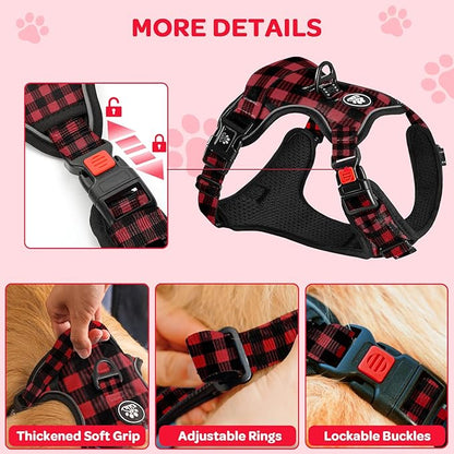 FURRYFECTION Plaid Dog Harness for Small Dogs, Reflective No Pull Adjustable Pet Vest with Front Clip, Leash, Easy Control Handle and Seat Belt, Red&Black, S