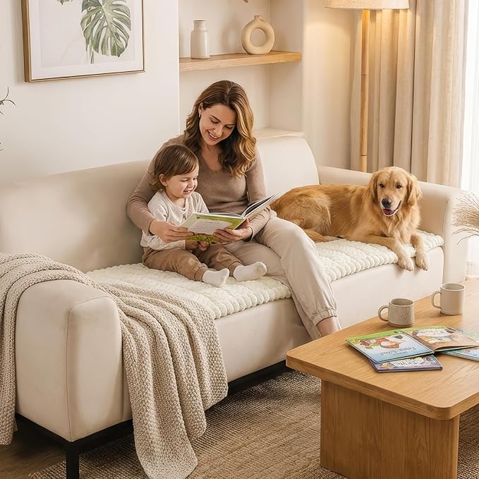 Smiry Non Slip Couch Covers for Dogs, Fuzzy Pet Couch Covers for 2 Cushion Sofa Pet Friendly, Soft Sofa Loveseat Slipcovers Cushion Furniture Protector Washable (Beige, 27.6" x 47")