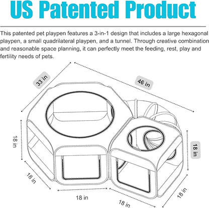Portable Cat Playpen 2-Room with Tunnel, 3-in-1 Pop-up Cat Dog Crate Play Enclosure with Separate Areas, Foldable Pet Playpen for Puppy Kitten and Small Animals Indoor Outdoor