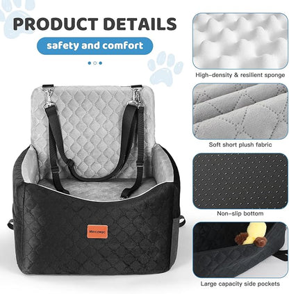 Dog Car Seat for Small Medium Dogs Up to 40 lbs – Dog Booster Seat with 6-Inch Memory Foam, Pet Car Seat with Removable Washable Cover, 3 Safety Belts & 2 Storage Bags (Black/Gray)