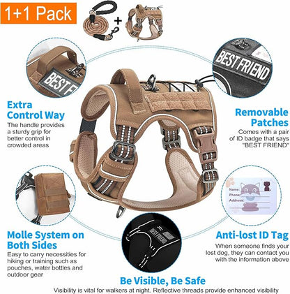 Beebiepet Heavy Duty Tactical Dog Harness for Large Dogs, No Pull Adjustable Pet Harness Reflective Service Training Easy Control Pet Vest Military K9 Working Dog Harnesses-X- Large, Brown