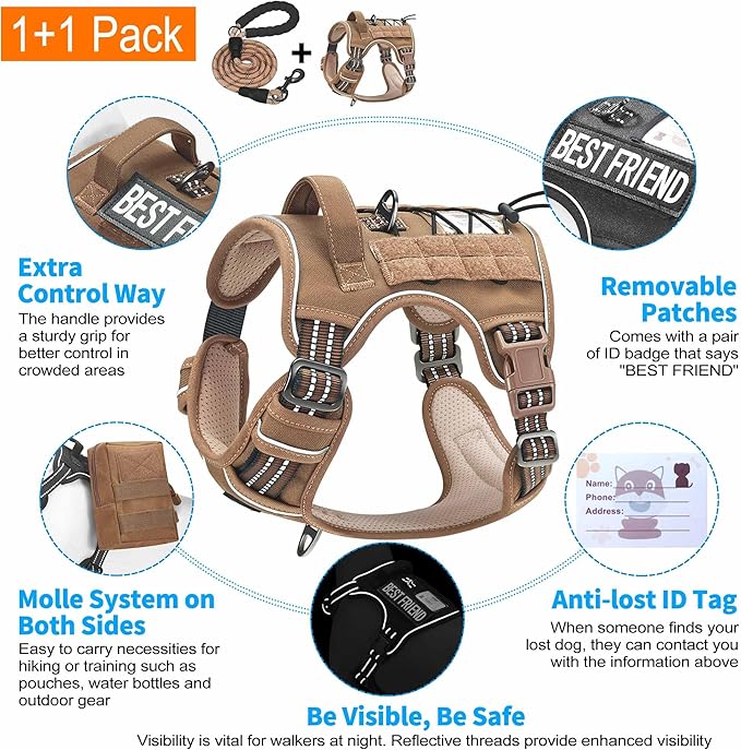 Beebiepet Heavy Duty Tactical Dog Harness for Small Dogs, No Pull Adjustable Pet Harness Reflective Service Training Easy Control Pet Vest Military K9 Working Dog Harnesses- Small, Brown